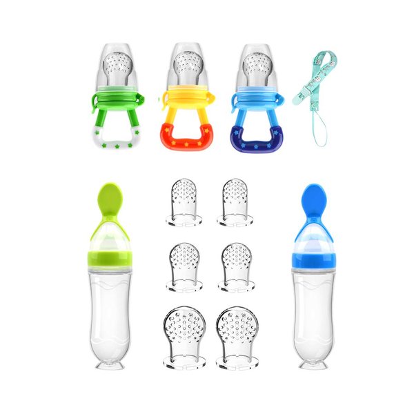 Food Feeder Baby Fruit Pacifier (3 Pcs) with 6 Different Sized Silicone Pacifiers 2 PCS Dispensing Spoon 90ML Spoons Clip Infant Teething Toy -Blue