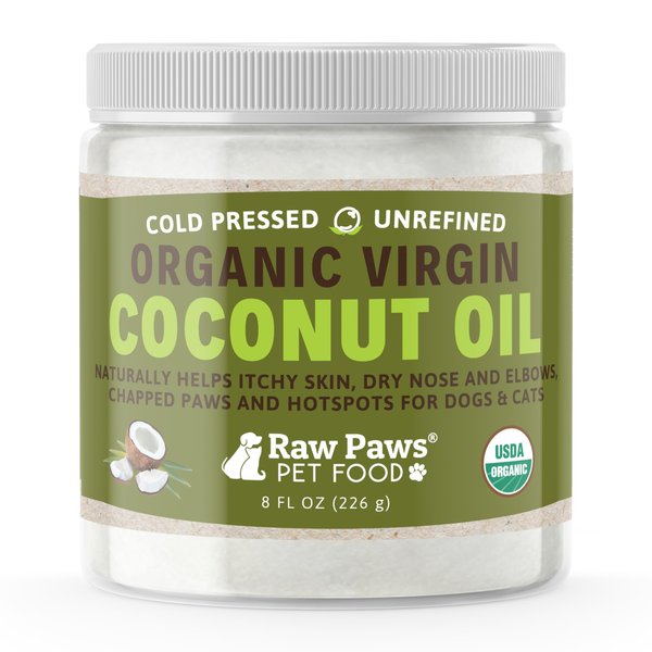 Raw Paws Organic Coconut Oil for Dogs & Cats, 8-oz - Treatment for Itchy Skin, Dry Nose, Paws, Elbows, Hot Spot Lotion for Dogs, Natural Hairball Remedy for Dogs & Cats