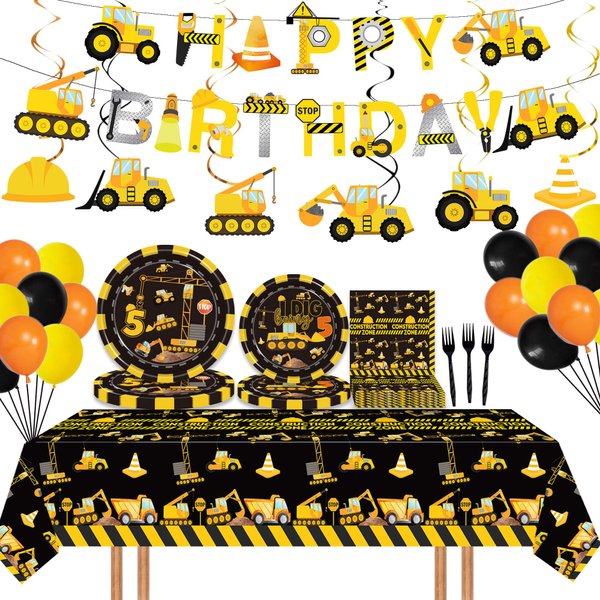92 Pcs Construction 5th Birthday Party Supplies Dump Truck Theme Five Tableware Includes Hanging Swirl, Balloons, Plates, Table Cloth for Boys Construction Five Years Old Bday Party Decorations Favors