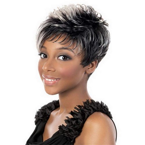 Divine Hair Short Mix Gray Hair Wigs For Women Short Pixie Cut Synthetic Wigs For Black Women Short Gray Pixie Wigs With Bangs Short Ombre Gray Pixie Cut Wigs For Women (COM059)