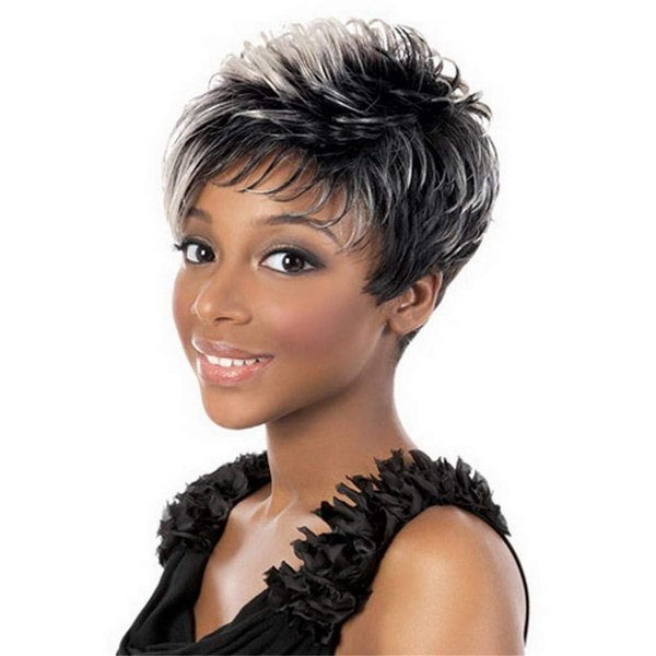 Divine Hair Short Mix Gray Hair Wigs For Women Short Pixie Cut Synthetic Wigs For Black Women Short Gray Pixie Wigs With Bangs Short Ombre Gray Pixie Cut Wigs For Women (COM059)