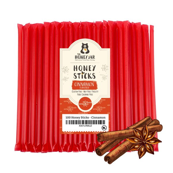 The Honey Jar Cinnamon Flavored Raw Honey Sticks - Pure Honey Straws For Tea, Coffee, or a Healthy Treat - One Teaspoon of Flavored Honey Per Stick - Made In The USA with Real Honey - (100 Count)