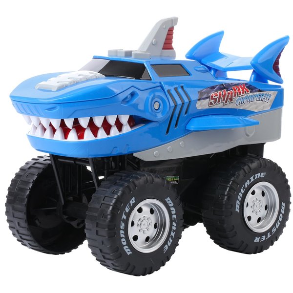 BUILD ME Shark Monster Truck - Oversize Motorized Wheel - Battery Powered Toddler Shark Toy with Roaring Sound, Flashing Light - Durable ABS Plastic Shark Chomper - for Boy Toys 3+ Years Old