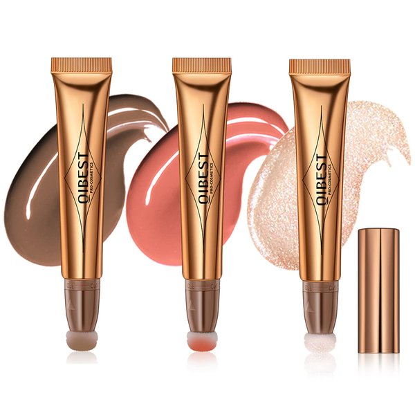 Cream Bronzer Contour Beauty Wand, Highlighter Contour Blush With Cushion Applicator, Liquid Face Bronzer Makeup Wand Lightweight Natural Super Silky Cream Contour Stick Beauty Light Wand (Contour+Blush+Highlighter)