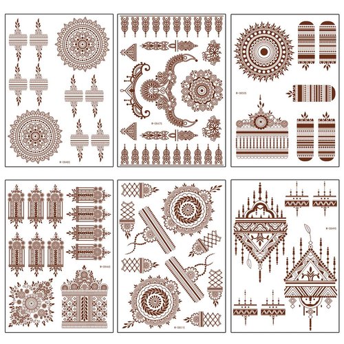 Brown Henna Temporary Tattoo Semi Permanent Fake Tattoos Mandala Flowers Lace Tattoo Stickers Waterproof Tattoo Markers Wedding Party Festival Tattoos Decorations Face Body Tattoo Supplies Set 6PCS