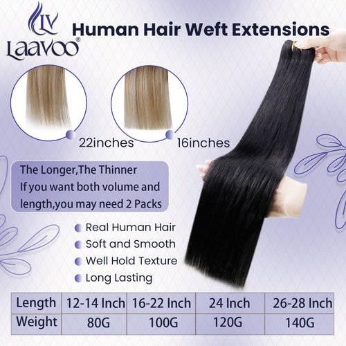 LaaVoo Hand Tied Weft Hair Extensions Black 22inch 100g #1 Jet Black Hair Weft Extensions Real Human Hair Weft Natural Weave Sew in Extensions for Black Women Doublde Weft Long Straight