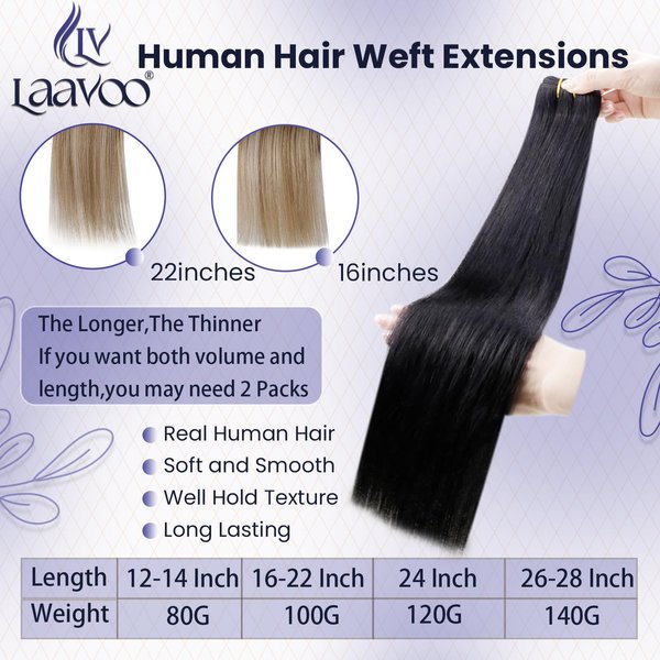 LaaVoo Hand Tied Weft Hair Extensions Black 22inch 100g #1 Jet Black Hair Weft Extensions Real Human Hair Weft Natural Weave Sew in Extensions for Black Women Doublde Weft Long Straight