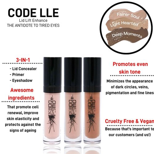 Eye Primer, Eye concealers, Eyelid Primer, eyeshadow Primer, Eyelid Lift - The Antidote To Tired Eyes - Vegan Cruelty Free Make-up - CODE Beautiful LLE Lid Lift Enhance (Light Hearted)