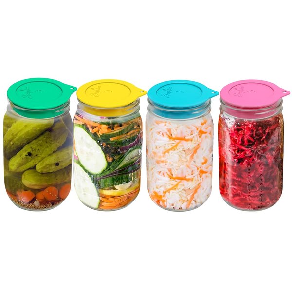 Sophico Silicone Fermenting Lids, Waterless Airlock Fermentation Tops Mason Jar Lid Fermenter Caps for Pickles, Kimchi, and Fermented Probiotic Food - 4 Pack, Wide Mouth (Jars Not Included)