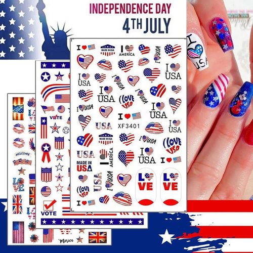 8 Sheets 4th of July Nail Art Stickers American Independence Day Nail Design Decals 3D Self-Adhesive Nail Art Supplies USA Flag Patriotic Stickers Manicure Sticker for Memorial Day