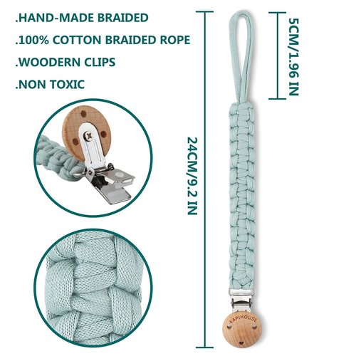 Kapihouse Pacifier Clip for boy 9.2 Inch Pacifier Leashes woodern Clips Teething Toy with Handmade Braided Cotton Modern Unisex Baby Shower Birthdays Christmas Set (3 Pack Boys)