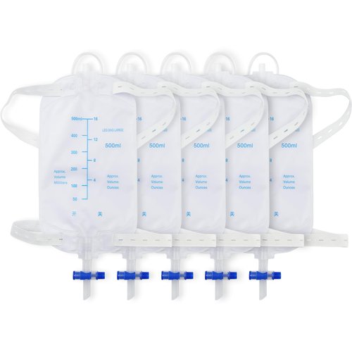 5pcs Catheter Leg Bags for Man,Urine Leg Bag with 500 Ml Volume,2 Adjustable Elastic Bands,Anti-Reflux Valve,No Leaks,Easy to Empty,Fits Tube Well,Drain Valve Can Be Operated with One Hand