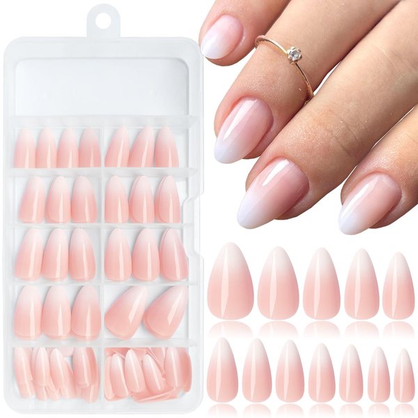 LoveOurHome 120pc Almond Press on Nails Short Fake Nails Ombre Nude False Nail Short Almond Nails Press ons Nail Glossy Artificial Nail Tips Presson on Fingernails with Nail Glue Adhesive Tabs