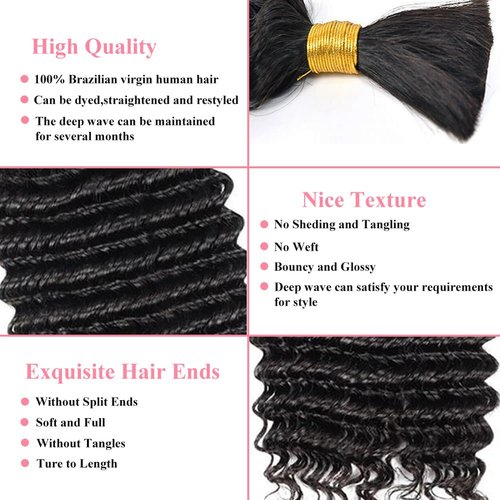 Human Braiding Hair Deep Wave Bulk Human Hair for Braiding No Weft 10A Brazilian Virgin Curly Human Hair Extensions for Boho Braids Wet and Wavy Human Hair Braiding Hair 100g(22 inch)