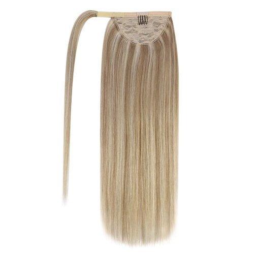 Ve Sunny Human Hair Ponytail Blonde Clip in Ponytail Hair Extensions Light Blonde Mix Golden Blonde Hair Extension Ponytail Highlights Blonde Pony Tail Hair Extensions 16inch 80g