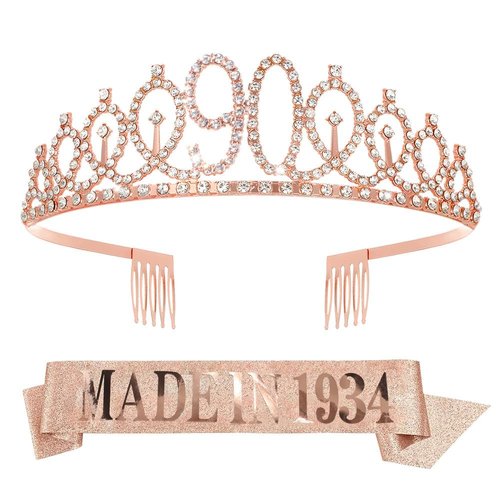 RUMIA Rose Gold 90th Birthday Crown & Sash for Women Glitter 90th Rhinestone Tiara Made in 1934 Sash 90th Birthday Gifts for Women 90th Birthday Decorations Party Supplies
