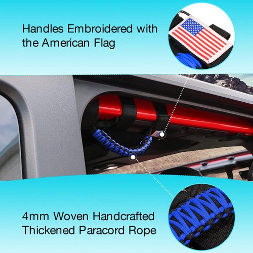 Gaizon 4 Pack Grab Handles Roll Bar Paracord Handgrip Handles with America Flag Pattern Replacement for Jeep Wrangler YJ TJ JK JL,Gladiator JT 1955-2022(Blue)
