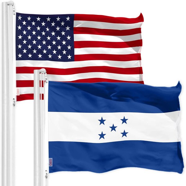 G128 Combo Pack: American USA Flag 3x5 Ft & Honduras Honduran Flag 3x5 Ft, Both Printed 150D Polyester, Indoor/Outdoor, Brass Grommets