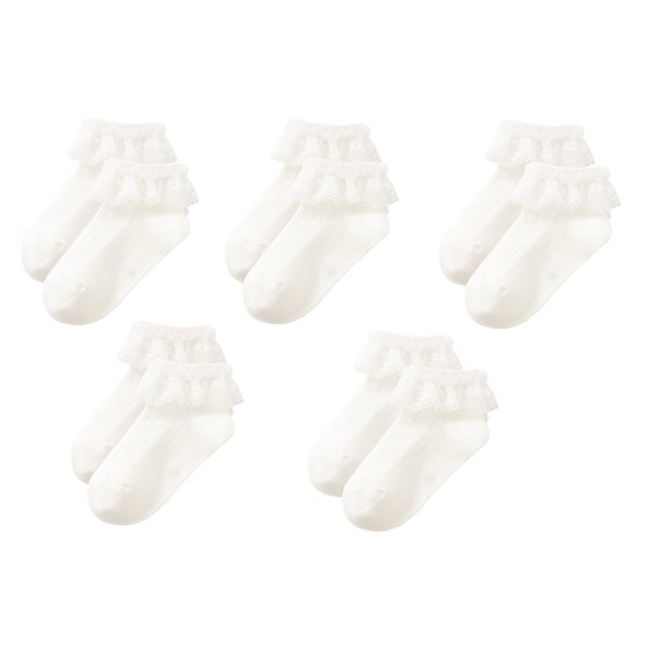 Gwenvenni Toddler Girls White Ruffle Lace Trim Cotton Socks Eyelet Frilly Dress Socks 5 -Pack, Age 3-5T