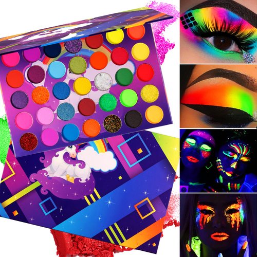 Afflano Neon Eyeshadow Palette Colorful High Pigmented, Bright Rainbow Eyeshadow Matte Shimmer Glitter, Aurora Glow Neon in Dark UV Blacklight Makeup Eye Shadow Pallet for Neon Party