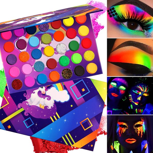 Afflano Neon Eyeshadow Palette Colorful High Pigmented, Bright Rainbow Eyeshadow Matte Shimmer Glitter, Aurora Glow Neon in Dark UV Blacklight Makeup Eye Shadow Pallet for Neon Party