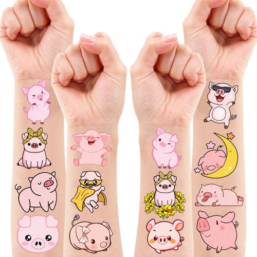 100 PCS Pig Theme Birthday Party Supplies Decorations Favors Decor Pink Pig Farm Animal Temporary Tattoos Stickers for Kids Cute Gifts School Prizes Rewards