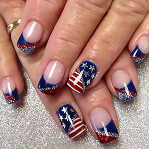 96Pcs 4th of July Press on Nails Short Square Fake Nails Patriotic False Nails with Flag Star Glossy Glue on Nails Independence Day Nail Art Design Kit Full Cover Stick on Nails for Women Manicure