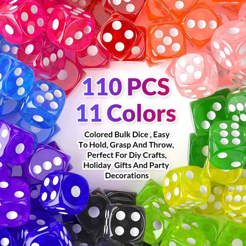 110 of Pack Dice Set, Colored Game Bulk Dices, Colorful Dices, 6 Sided Dice for Classroom Teaching, Board Game, Playing, Rolling, Small Six Sided 11 Color Red, Yellow, Blue, Green and More Rerdeim
