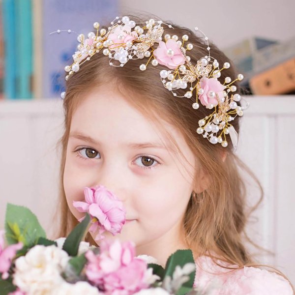 Woeoe Pearl Flower Girl Headpiece Pink Floral Headband Beaded Princess Hair Band Accessories for Wedding Birthday Party Frist Communion Photography