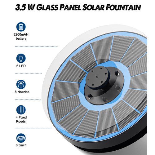 Yzert Solar Fountain with Lights Full Glass Panel, 3.5W Bird Bath Fountains Solar Power with 4 Fixed Rods, Solar Fountain Pump for BirdBath, Outdoors Garden, Pond, Pool, Patio(Colorful)