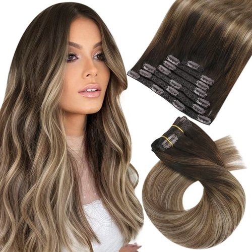 Moresoo Human Hair Clip in Extensions Balayage Clip in Hair Extensions Human Hair Dark Brown to Golden Brown with Dark Ash Blonde Real Hair Extensions Clip in Human Hair Double Weft 16inch 7Pcs 120G