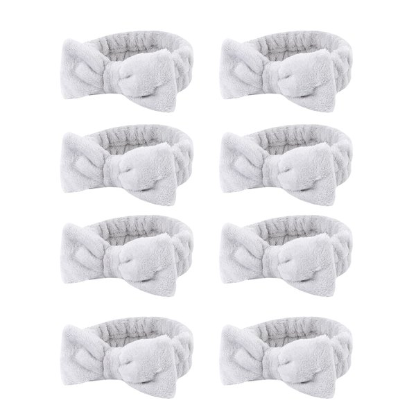 Casoty 8 Pcs Grey Spa Headband, Bow Hair Band, Soft Coral Fleece Headband for Washing Face, Headbands for Women Makeup, Hair Band for Washing Face, Skincare Headbands for Face Washing Shower Yoga