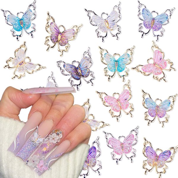 15Pcs Butterfly Nail Charms 3D Mix Color Aurora Butterfly Nail Charms Cute Glitter Gold Silver Nail Rhinestones Clear Colorful Butterfly Nail Jewelry Resin Mold Crafts Design for Women Girls Acrylic