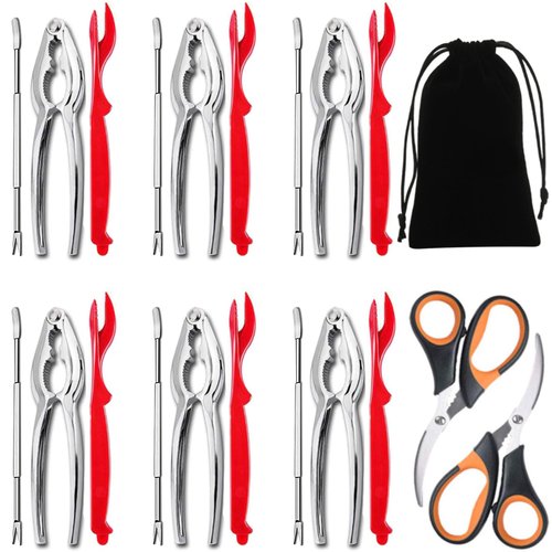 Artcome 21 Piece Seafood Tools Set - 6 Crab Crackers, 6 Lobster Shellers, 6 Crab Forks, 2 Seafood Scissors and 1 Storage Bag
