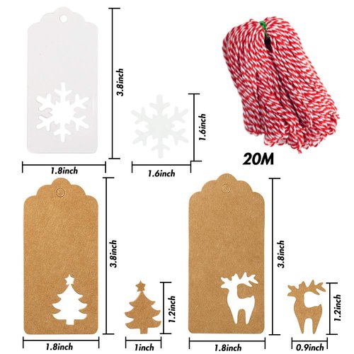 SallyFashion 150 PCS Christmas Tags, Kraft Paper Gift Tags Hang Labels with 20M Red and White String, Christmas Tree、Snowflake、Reindeer Design for Christmas Gift Favor,Christmas Party Christmas Tree