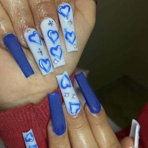 Hkanlre Blue Press on Nails Tips Coffin Long Heart Fake Nails Bling Full Cover Ballerina Graffiti False Nails for Women and Girls 24PCS