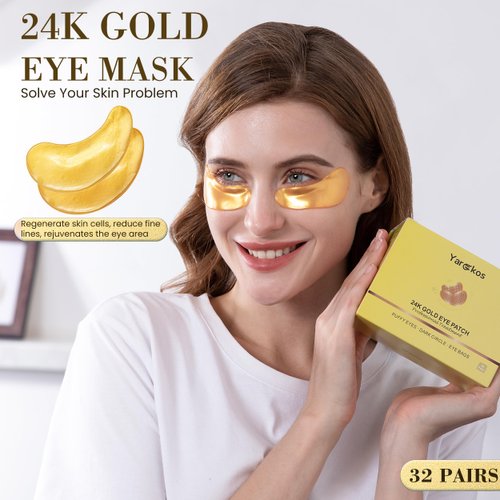 Yargkos 32 Pairs 24K Gold Under Eye Patches, Golden Cooling Hydrating Eye Mask for Dark Circles Puffiness Puffy Eyes, 32 Sets Anti Wrinkle Collagen Undereye Pad, Travel Beauty Skincare Face Gel