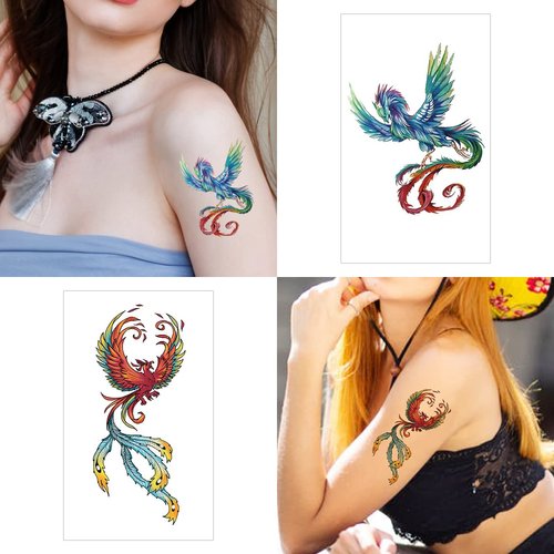 10 Sheets Phoenix Dragon Temporary Tattoos for Kids Women Men Adults, Colorful Firebird Fantastic Ornithology Animals Hand Fake Tatoo Stickers For Neck Arm Leg Chest Body (different design)