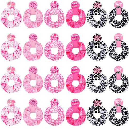 Lyrow 24 Pcs Cowgirl Western Cow Print Scrunchies Let's Go Girls Hair Scrunchies Disco Cow Print Hair Accessories Ponytail Holder Hair Ropes for Elastic Ties Bride Bachelorette Party Supplies Favors