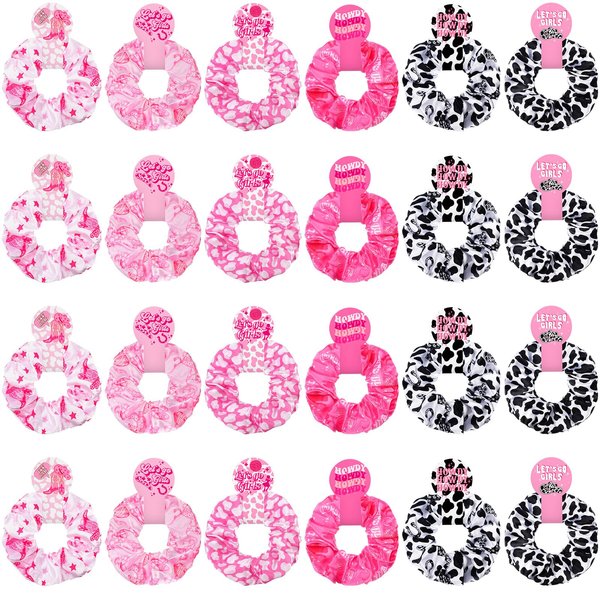 Lyrow 24 Pcs Cowgirl Western Cow Print Scrunchies Let's Go Girls Hair Scrunchies Disco Cow Print Hair Accessories Ponytail Holder Hair Ropes for Elastic Ties Bride Bachelorette Party Supplies Favors