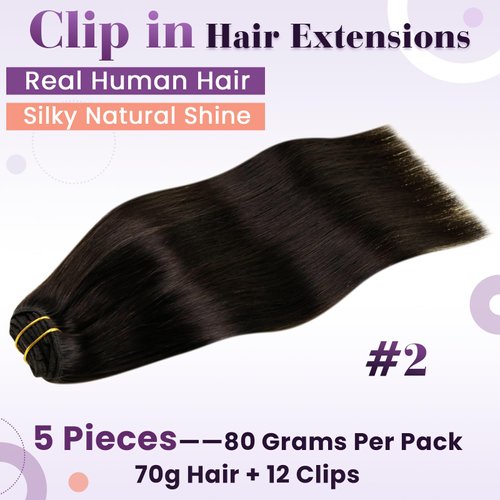 LaaVoo Brown Clip in Hair Extensions Human Hair 20inch Darkest Brown Hair Extensions Real Human Hair Clip ins Dark Brown Remy Hair Clip in Extensions Long Silky Straight 5pcs 80g