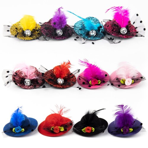 AUEAR, 12 Pack Mini Hat Hair Clip, Ladies Tea Party Hats, with Faux Feather 6 Colors Fashion Shining Hat Hair Clip for Decoration, Tiny Hat Hair Clips (Style B)