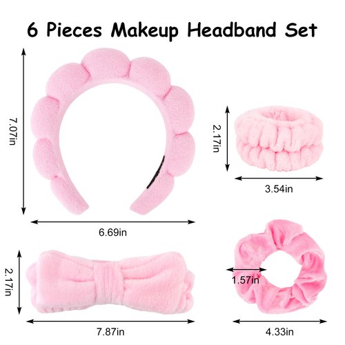 Ondder 6 Pcs Pink Spa Headband and Wristband Set Makeup Spa Headband for Washing Face Bubble Skin Care Headbands Face Wash Sponge Puffy Headband Head Bands Hair Accessories for Women Girls