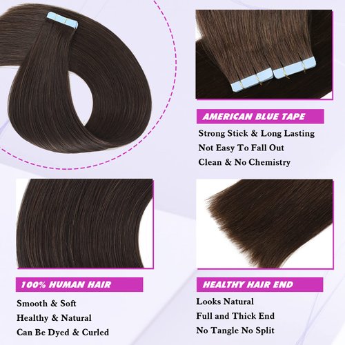 Tape in Hair Extensions Human Hair Dark Brown Straight Hair Extensions Tape in Human Hair 20 Pcs/Pack 40g Tape in Extensions Hair Extensions 10 Inch for Women （10Inch，Dark Brown，40g)