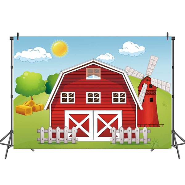 RUINI Cartoon Farm Theme Backdrop Red Farm Windmill House Children Birthday Party Decoration Banner (8x6FT)