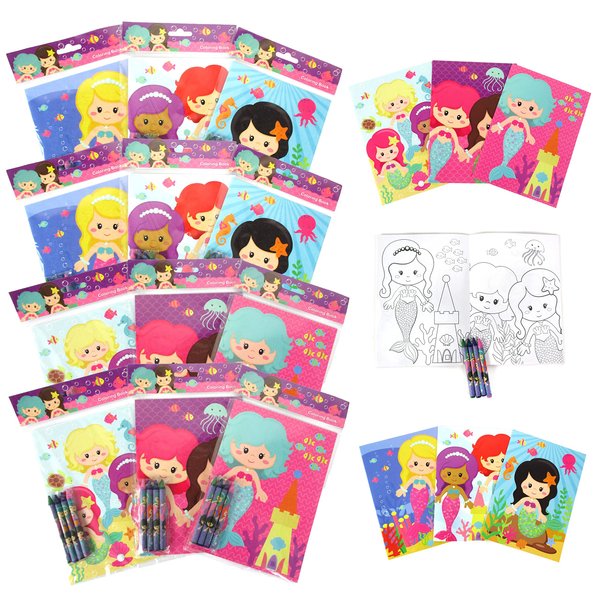 TINYMILLS Mermaids Under the Sea Coloring Book Set with 12 Coloring Books and 48 Crayons Mermaids Birthday Party Supplies Favor Bag Filler Carnival Prizes Rewards