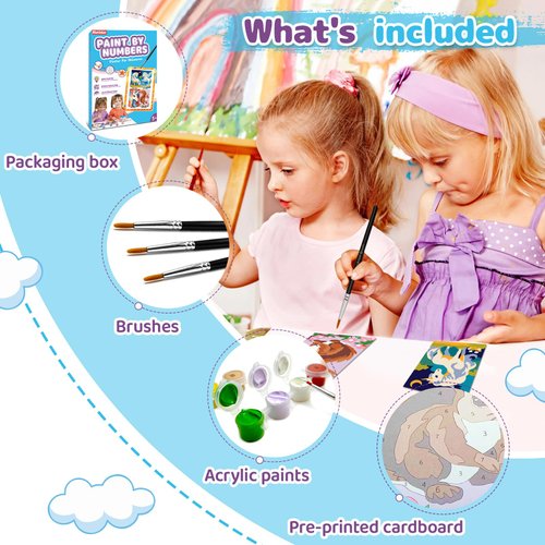 Nariolar 4 Pack Paint by Numbers Kit for Kids Ages 4-6 with 4.7X3.1inch Pre-Printed Cardboard,Acrylic Paint Pots and 3 Painting Brushes，Creative Gifts for Kids（Unicorn and Squirrel