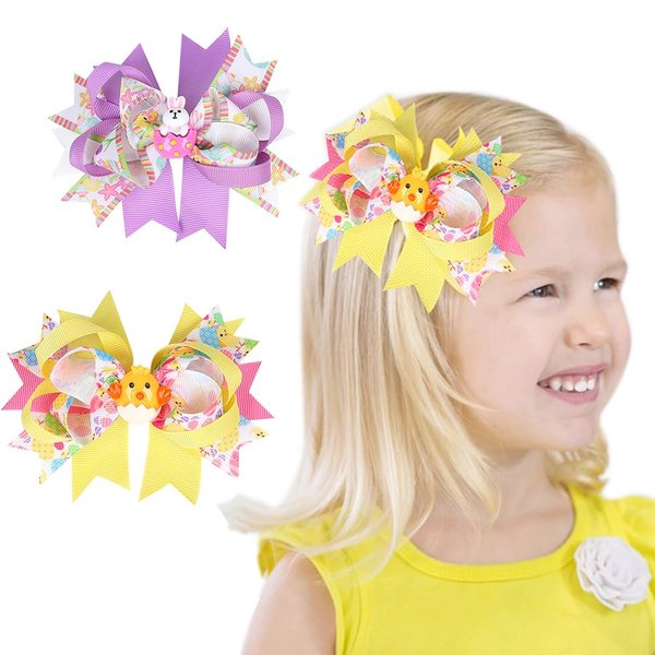 Easter Day Hair Bow Clips Bunny Grosgrain Ribbon Alligator Clip Yellow Purple Hair Barrette Hairpin Set with Bunny Rabbit Chick Easter Egg Hair Accessories Toddler Bow Clips Easter Gift Decoration