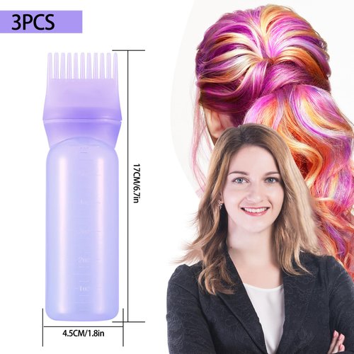 Siyurongg Root Comb Applicator Bottles, 177 ML/6 OZ Hair Oil Applicators, 3pcs Applicator Bottle for Hair Dye Bottle Applicator Brush with Graduated Scale, Hair Root Comb Color Applicator Bottle
