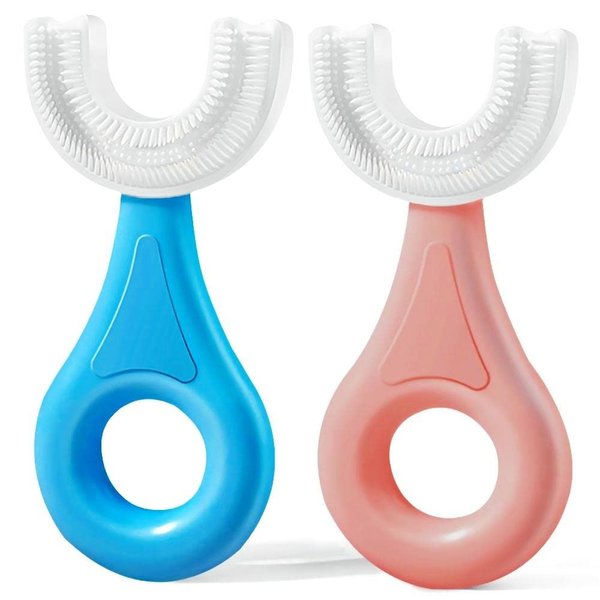 YOTEE U-Shaped Toothbrush Kids 2 PCS - Toddler Toothbrush with Food Grade Soft Silicone Brush Head, Manual Whole Mouth Toothbrush for Kids Age 2-6(Blue+Pink), 360° Oral Teeth Cleaning Design